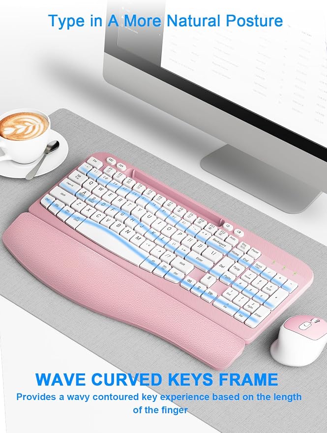 Hayyiesh Ergonomic Wave Keys Wireless Keyboard and Mouse Combo, Full Size with Memory Foam Wrist Rest & Phone Holder, 2.4G Cordless Set with USB-C Adapter for Windows Mac Desktop Laptop (Pink) - Image 6