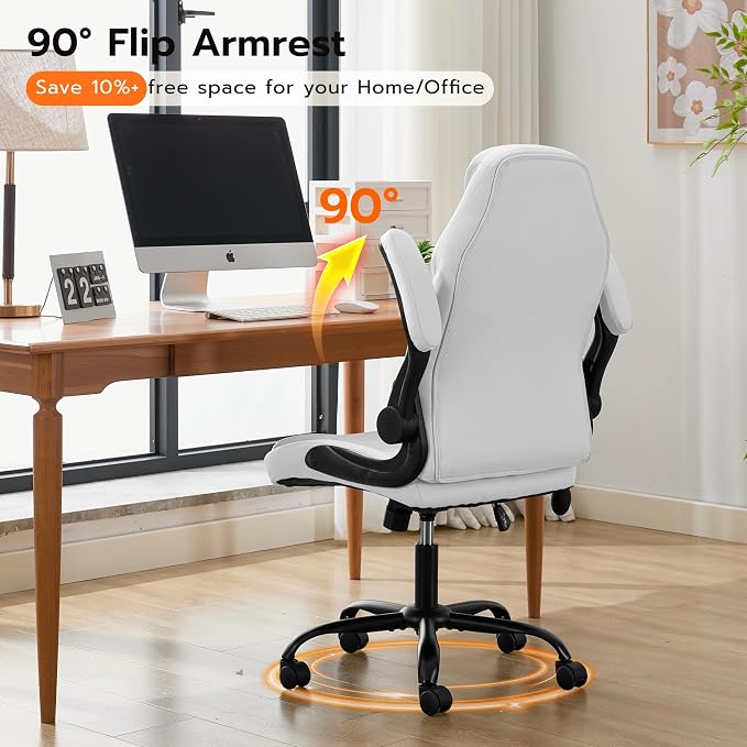 Ylzyxal Office Desk Chair, Ergonomic Computer Chair with Padded Flip-Up Arms and Adjustable Lumbar Support, PU Leather Executive Chair with Tilt Lock and 360° Swivel Rolling Wheels for Work, Study - Image 6