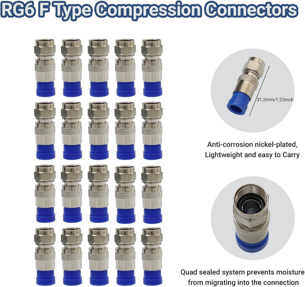 Professional Coax Cable Crimper Kit – RG6/RG59/RG11 Compression Tool with Wire Stripper, 50-Pack F-Type Connectors & Storage Bag – Coaxial Cable Tool Set for TV, Satellite, CCTV & Home Network - Image 5