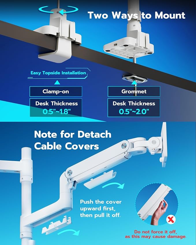 ARES WING White Ultrawide Dual Monitor Mount with USB A/C for 17 to 49 Inch | Pro Gas Spring, Aluminum Material, Flexible Screen Layouts, for 75/100 Vesa Mount, Hold 44lbs Each Arm, for Samsung Monitor - Image 8