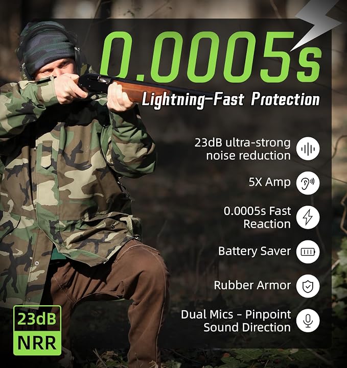 PROHEAR Digital Electronic Shooting Ear Protection Muffs with GEP02 Gel Ear Pads, Hunting 5X Sound Amplification Earmuffs, NRR 23dB Low Profile Hearing Protection for Gun Range - Green - Image 2