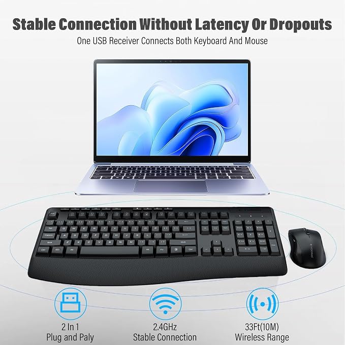 Wireless Keyboard and Mouse Combo,Soft Touch Quiet Keyboard Less Noise 90% | Ergonomic With Wrist Rest,2.4GHz 104 Keys Full Size,2400 DPI Mouse,For Office/Work/Home/PC Computer/Laptop,Black - Image 5