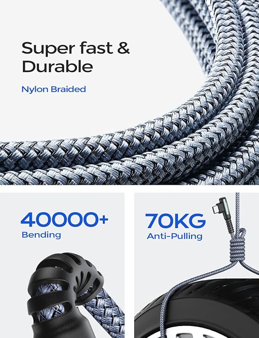 AINOPE 240W USB C to USB C Cable Fast Charging 6FT,Right Angle Fast Type C Charging Cable Fits iPhone 16 Pro Max Plus,iPhone 15,MacBook Air/Pro,iPad Pro,Samsung,Pixel,All Devices, Grey,Blue 2Pack - Image 7