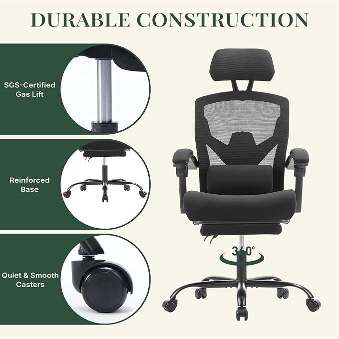 Ergonomic Office Chair with Footrest, Computer Gaming Chair | Adjustable Headrest, Lumbar Support, Swivel Reclining, Padded Armrest, Mesh High Back, Home Desk Work Study, Black - Image 8