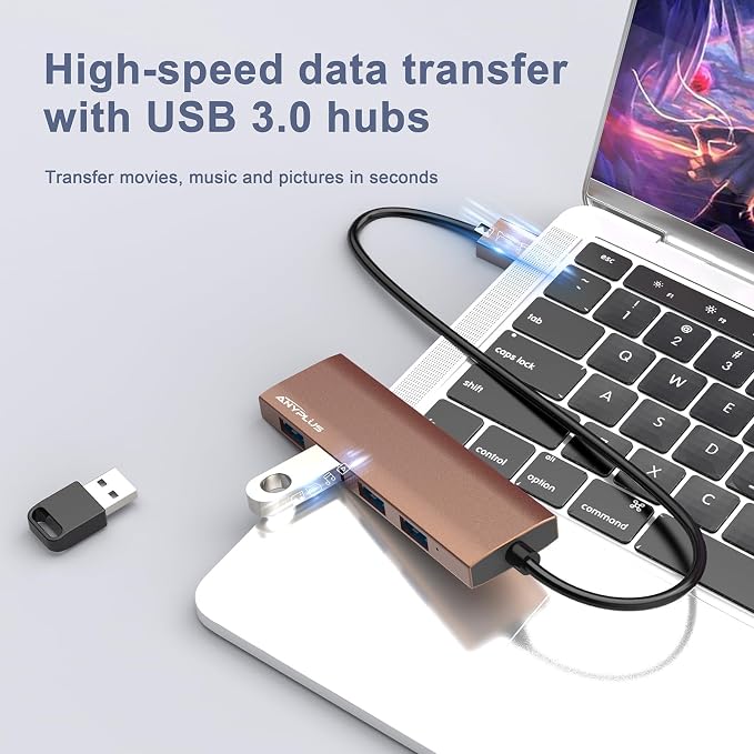 USB Hub, USB 3.0 Hub Aluminum Alloy Ultra Slim USB Splitter, Portable 4 Port USB Extender, USB Hub for Laptop, PC, MacBook, iMac, Surface Pro, Mac Pro, Flash Drive, XPS【Brown】 - Image 4
