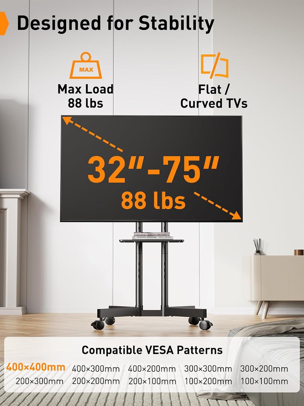 Perlegear Rolling TV Stand, Mobile TV Stand with Wheels for 32-75 inch TVs, Height Adjustable Mobile TV Cart with -15° to +5° Tilt, Rolling Cart for 4K TV Max VESA 400x400mm up to 88lbs, PGTVMC14 - Image 8