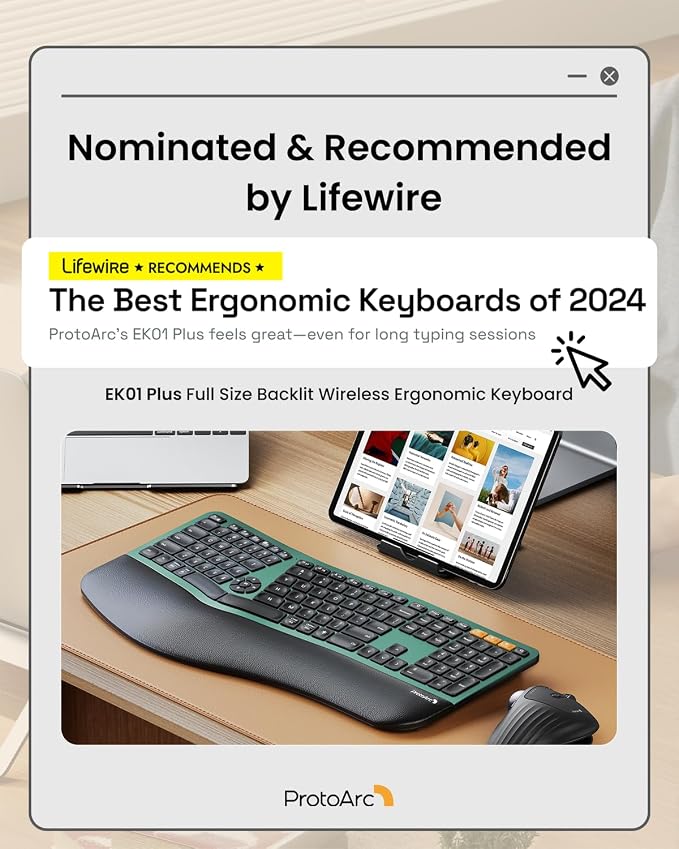 ProtoArc EK01 Plus Backlit Bluetooth Ergonomic Keyboard, Full Size, Green | Adjustable brightness, split design, cushioned wrist rest, connect 3 devices via Bluetooth/2.4G, 2000mAh USB-C rechargeable. - Image 2