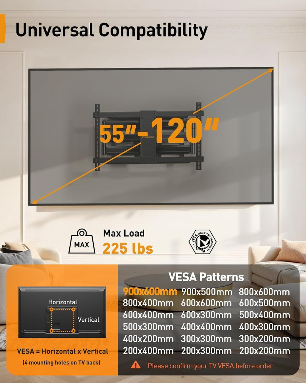 Perlegear Full Motion TV Mount for 55–120 inch TVs up to 225 lbs - Image 2
