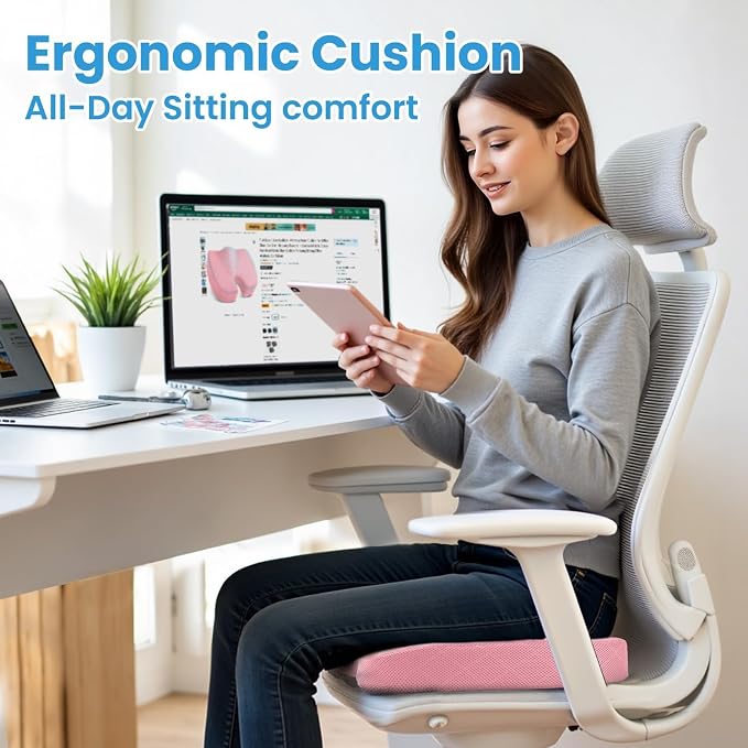 Seat Cushion, Memory Foam Office Chair Cushion - Pink, Large | for Car Seat, Airplane, Desk Chair - Sciatica & Hip & Coccyx Pain Relief Cushion for Long Sitting Office Workers, Car Drivers - Image 7