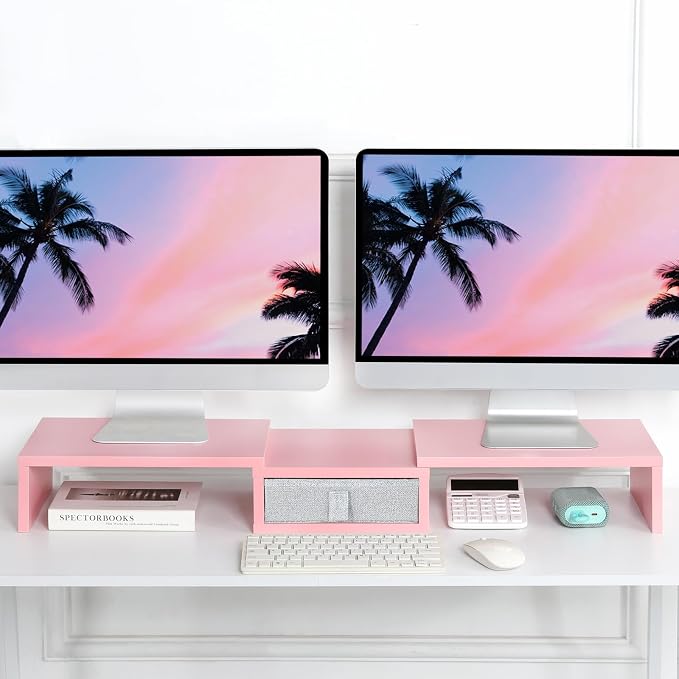 TEAMIX Pink Dual Monitor Stand Riser with Drawer - Length and Angle Adjustable Double Corner Desk Shelf Organizer 37 inch for 2 Laptop/PC/Screen/TV - Image 2