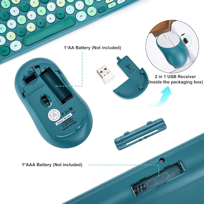 Wireless Keyboard and Mouse Combo, Retro Typewriter Keyboard with Round Keycaps, 2.4GHz USB Cute Wireless Keyboard Mouse for Computer, Desktop (Green) - Image 5