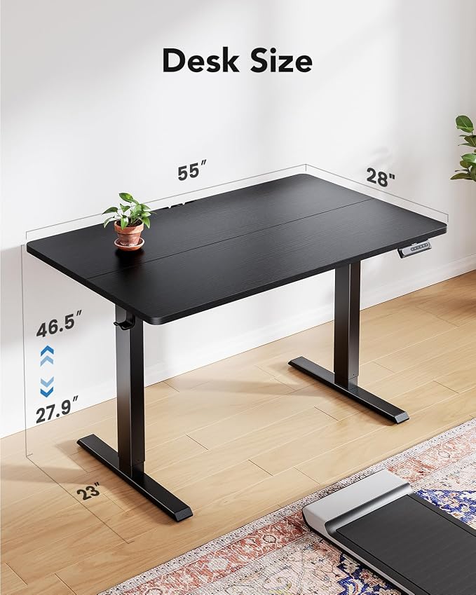 HUANUO 55x27 Inch Electric Standing Desk, Height Adjustable, Black | 176 Lbs Capacity, Smooth Home Office Desk, 4 Memory Presets & Headphone Hooks, 28.3–46.5 Inch Height Range, Easy to assemble - Image 3