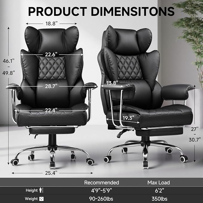 GTPLAYER Gaming Chair,Office Chair with Pocket Spring Lumbar Support, Ergonomic Comfortable Wide Office Desk Computer Chair with Outward Fixed Soft Armrests and Footrest (PU Leather, Black) - Image 3