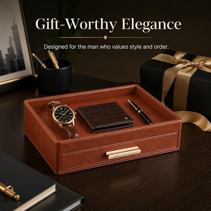 GORESE Leather Valet Tray with Drawer for Men, Nightstand Organizer, Brown | Vegan Leather, EDC Desk Organizer Tray for Jewelry Cologne Watch Wallet Key, Catchall Tray for Dresser Entryway Table Bedside - Image 7