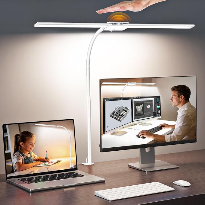 Syrinx LED Desk Lamp, Dual Head Desk Light with Clamp, Eye-Care Table Lamp | Flexible Gooseneck Task Light with Motion Sensor, Wired Control, 50 Lighting Modes, Timer & Memory Function for Home Office by Syrinx