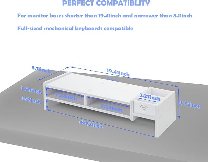 White Monitor Stand Riser, MDF Laptop Riser Shelf with Organizer(4.7" Hx8.1 Wx19.5 L) - Image 3