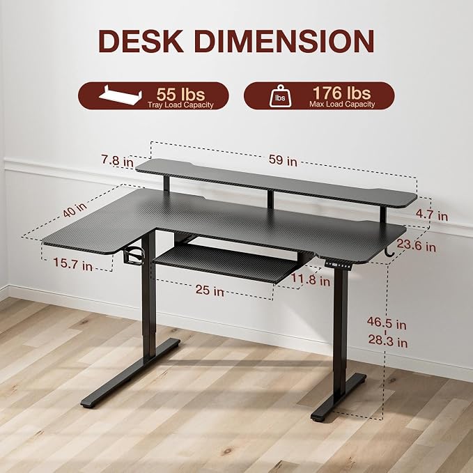59 Inch L Shaped Standing Desk with Shelves and Keyboard, Electric Corner Standing Desk Adjustable Height, Sit Stand Computer Table with Reversiable Splice Board，Black Carbon - Image 3