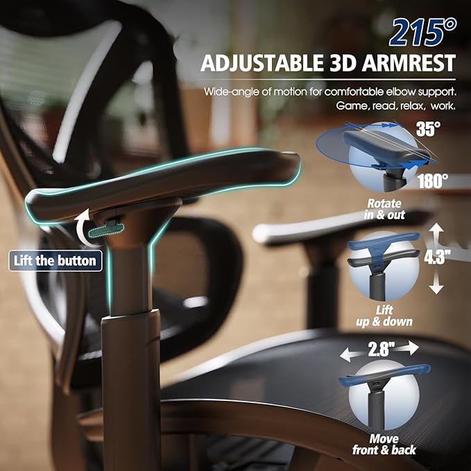 Ergonomic Office Chair, Big and Tall Mesh Chair with Lumbar Support, 3D armrest - 215° Rotation, Adjustable Headrest & Soft Seat, Durable Computer Chair 350LBS for Work Gaming - Image 6