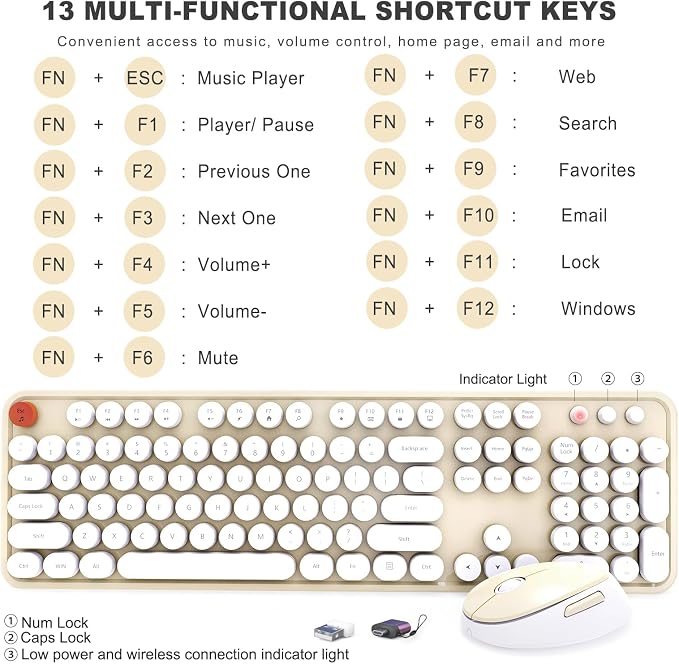 Wireless Keyboard and Mouse Combo, Ergonomic Full Size Typewriter Retro Round Keycaps Keyboard, Compatible with Windows, PC, Perfer for Home and Office Keyboards (Beige - Image 4