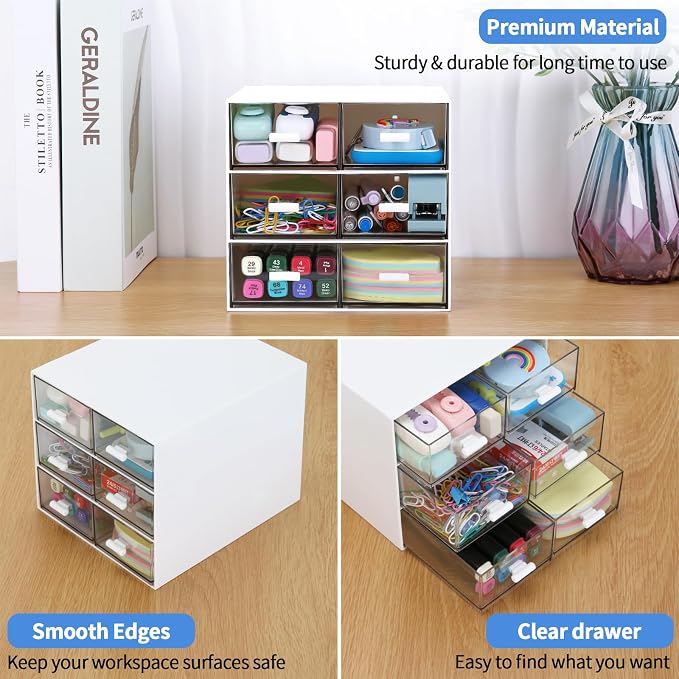 Desk Organizer with 5 Drawers, Rectangular Office Stationery Supplies Desktop Drawers, Plastic Makeup Storage, Suitable for Office, School, Home (White & 6 Drawers) - Image 7
