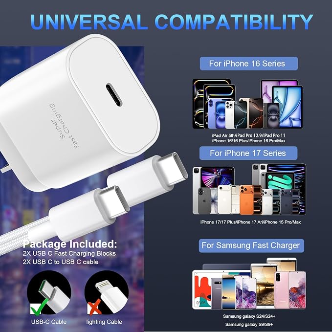 Phone 16 15 Charger Fast Charging,30W Type C Chargers USB C Charge Block with 2 Pack 10FT USB C Cable Nylon Braided for Phones 16/16 Plus/16 Pro/16 Pro Max/Phone 15/15 Pro Max/Pad Pro/AirPods,White - Image 5