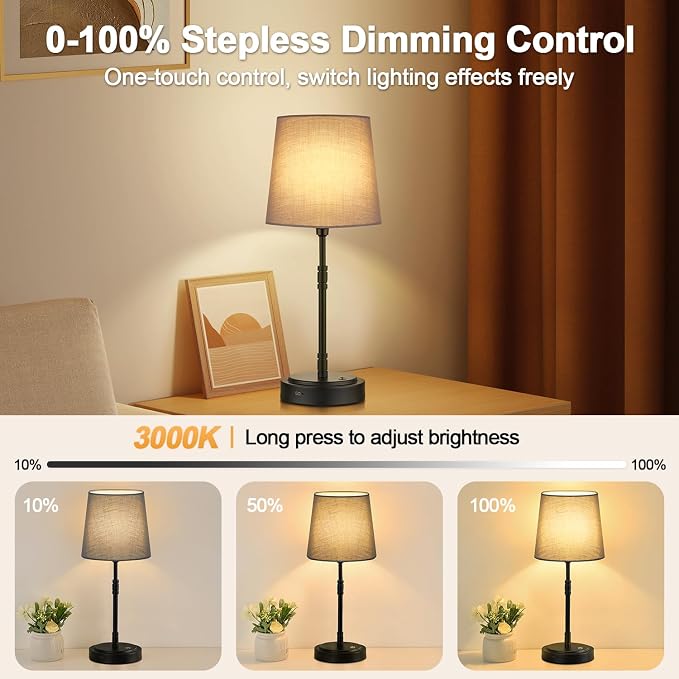 Cordless Table Lamps Set of 2 – Battery Operated Lamp with 7500mAh Rechargeable Battery, Stepless Dimmable Black Lamps with Grey Shade, Wireless Lamps for Dining Room & Nightstand (Bulbs Included) - Image 3