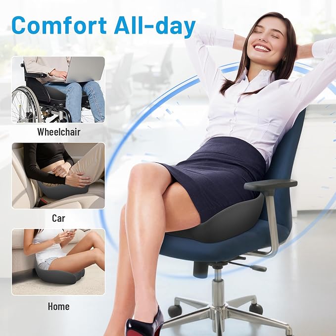 Memory Foam Seat Cushion, Ergonomic Office Chair Cushion for Long Sitting | Curved Tailbone Support Cushion for Car, Desk Chair and Wheelchair, Coccyx Comfort Pad with Breathable Cover, Gray - Image 5