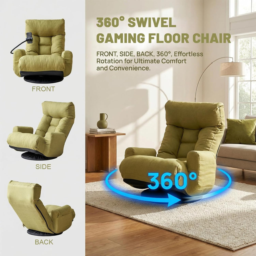 360° Swivel Floor Gaming Chair Linen Folding Chaise Lounge Chair Adjustable Comfy Sofa Chair with Armrests, Phone Holder & Padded Cushion, Ideal for Living Room, Bedroom (Green) - Image 4