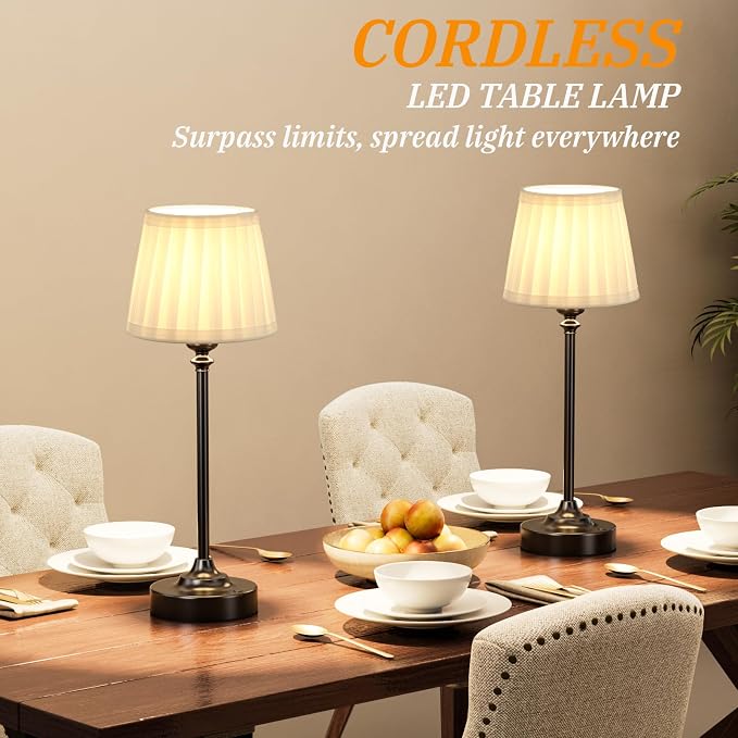 Cordless Table Lamps Rechargeable Set - 2 Pack Black 4000mAH Battery Operated Lamps for Decor, 3000K Stepless Dimming Touch Control Wireless Lamps for Bedroom, Dining Table, Living Room, White Shade - Image 6