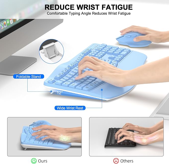 Wireless Keyboard and Mouse Combo, 2.4G Ergonomic Wave Keys(Sky Blue) | Full Size Wave Keyboard with Wrist Rest, 3-Level DPI Adjustable Ergonomic Mouse for Windows and Mac OS Desktop/Laptop/PC - Image 3