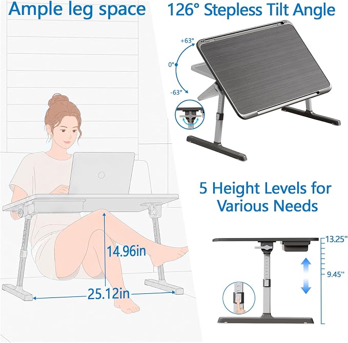 Potuopy Adjustable Lap Desk, Large Smooth Easy-Clean Wood Grain Desktop, Foldable Laptop Bed Tray Table with Storage Drawer, Portable Laptop Stand Fits 17" Laptop for Bed Couch Floor (Striped) - Image 3