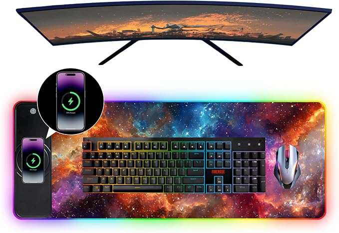 Wireless Charging RGB Gaming Mouse Pad, 31.5 x 11.8 Inch Extended Mouse Mat with Galaxy Nebula Design, LED Desk Pad with 7 Lighting Modes, Non-Slip Base for Gaming & Office - Image 4