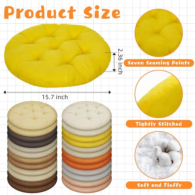 Tinideya 24 Pcs Floor Cushions Classroom,Medium 15.7 Inch,Yellow-Brown | Round Meditation Pillows for Adults Kids, Flexible Seating Nursery Living Room Yoga, Soft Padded Chair Cushion - Image 3