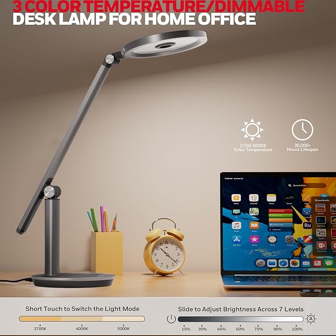 Honeywell H6 Desk Lamp for Home Office, Dimmable Reading Table Light, Gray | Sunturalux CRI≥97, RG0 Low Blue Light, Flicker-Free, 800LM Dimmable with Timer for Webcam, Study, Office & Bedroom - Image 3