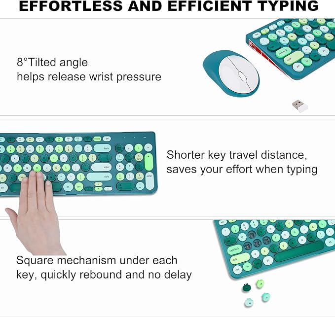 Wireless Keyboard and Mouse Combo, Retro Typewriter Keyboard with Round Keycaps, 2.4GHz USB Cute Wireless Keyboard Mouse for Computer, Desktop (Green) - Image 4