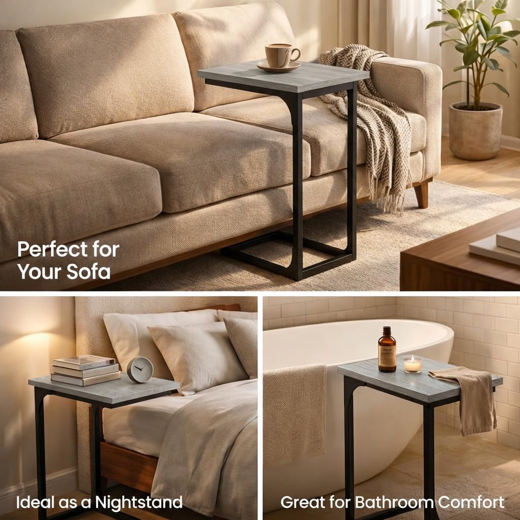 TEMI C Shaped End Table for Couch, Set of 2 Small Side Table for Sofa, TV Tray for Eating or Laptop, Accent Desk for Chair, Space Saving for Living Room Bedroom, Greige - Image 7
