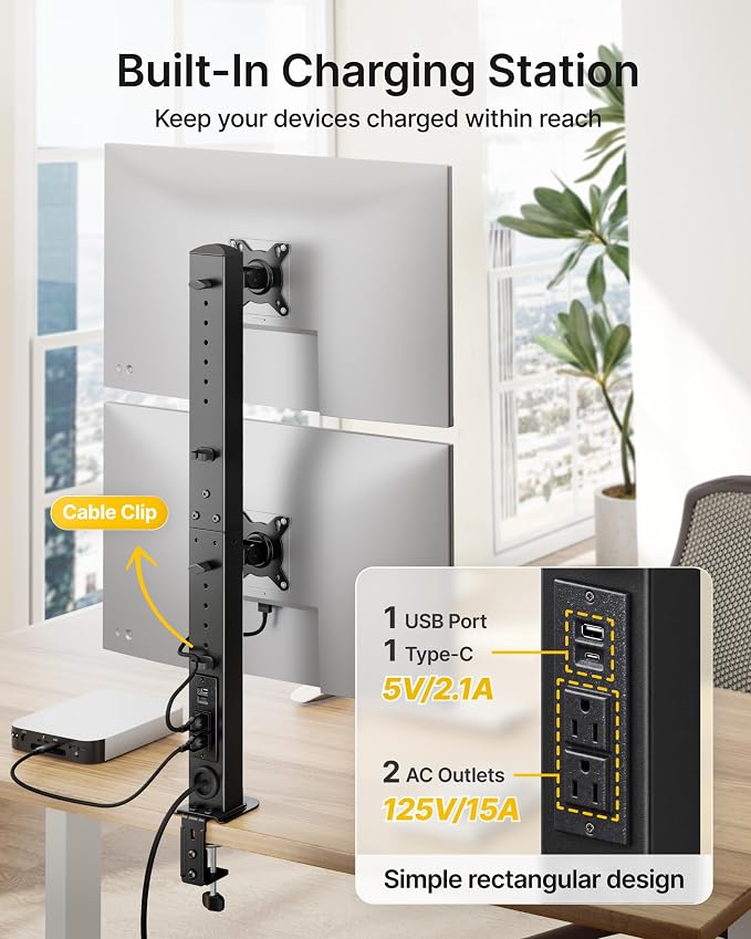 monTEK Powered Stacked Dual Monitor Stand for 17-32", Clamp/Grommet | Vertical dual monitor desk mount, integrated power outlet, adjustable arms and clamp/grommet mounting options - Image 3
