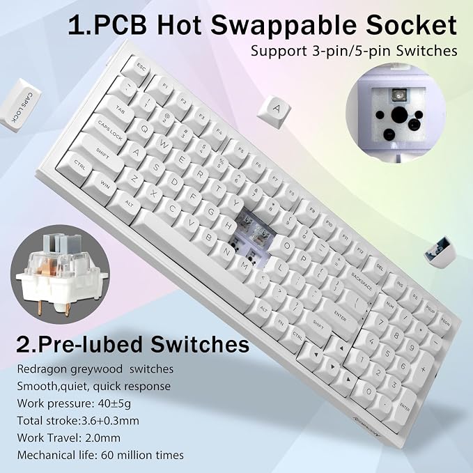 Redragon K723 Wireless Mechanical Gaming Keyboard, Creamy Switches, White | Bluetooth/2.4G/USB-C Wired, RGB Backlit, Hot Swappable Pre-lubed, 96% Custom Gasket Structure for PC/Mac/PS/Xbox - Image 3