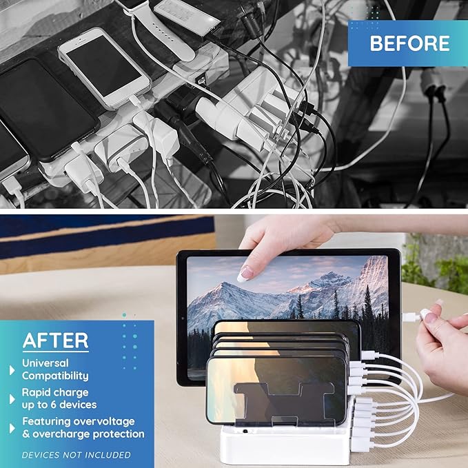 Fast Charging Station for Multiple Devices, 6-Port USB Charging Dock White | Smart IC Technology for Safe Charging, Organized storage, Works with Apple iPhone 14 and earlier & iPads, for home, office - Image 2