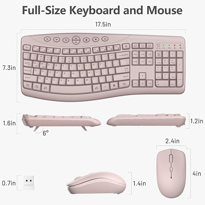 Wireless Keyboard and Mouse Combo, 2.4G Quiet Ergonomic Curved Keys(Pink) - Image 8