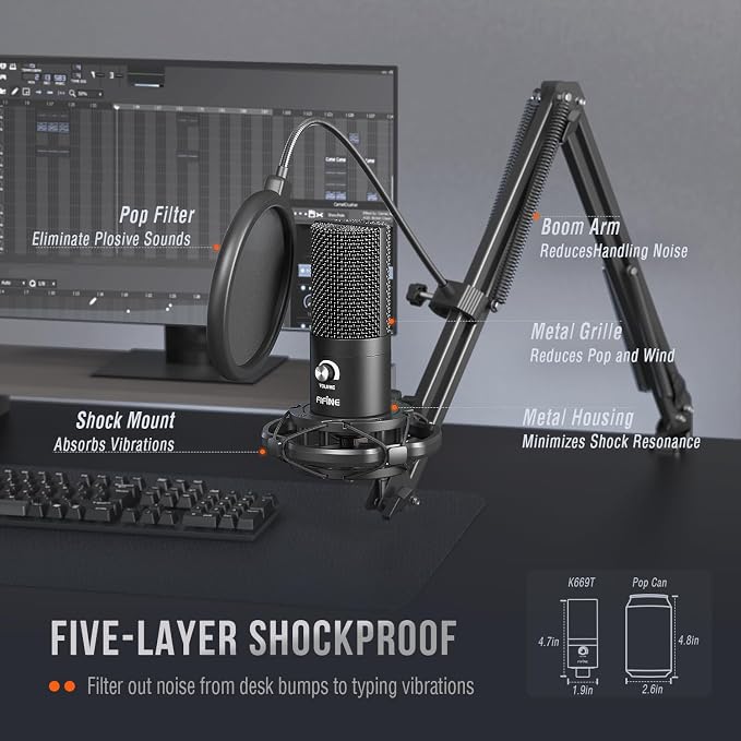 FIFINE T669 Studio Condenser USB Microphone for Recording Podcasting | Computer Microphone Kit for Voice Overs, Adjustable Boom Arm Stand, Shock Mount for Vocal, Instruments, Gaming, Streaming - Image 6