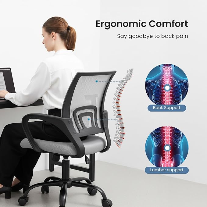 DUMOS Ergonomic Office Chair, Lumbar Support Mesh Desk Chair | Mid Back Mesh, Height Adjustable Fixed Armrest, Rocking Mode 360 Swivel Computer Gaming, Grey - Image 5