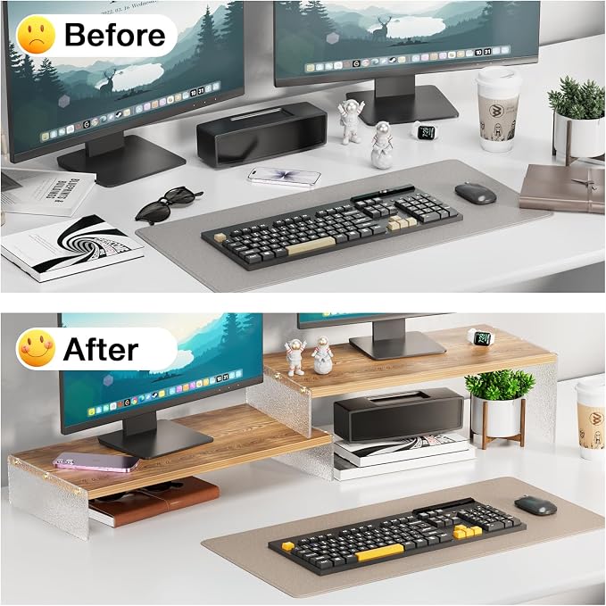 YGYQZ Adjustable Monitor Stand Riser, 7.67"×19.3" Dual Monitor Desk Stand | Adjustable Monitor Riser, Expandable Desk Organizer, 2-Tier Storage, Acrylic Legs, Ergonomic Workspace, Wood Glacial Striae - Image 7