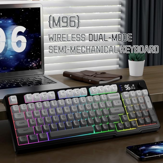 LexonElec M96 Wireless Keyboard, Low Profile Quiet Typing Membrane Gaming Keyboard with Smart Display & Knob, RGB Backlit, USB C Rechargeable, 94 Keys PBT Keycap for Windows PC,Mac,Linux-Moonlit Night - Image 2