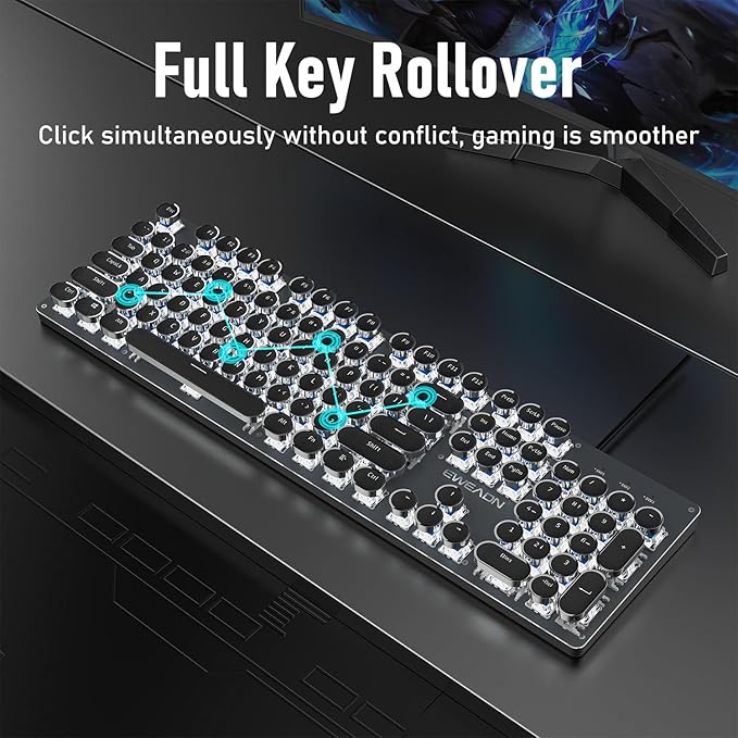 SEUNKWANG Typewriter Style Mechanical Gaming Keyboard with White Backlit, Wired Retro Punk Computer Keyboard Durable Metal Panel, Clicky Blue Switch, Round Keycaps, Full-size for PC/Desktop/Win, Black - Image 6