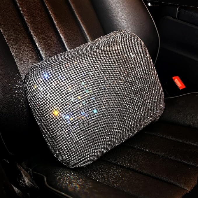 Carwales Lumbar Support Pillow Summer Decorative for Car Soft Bling Accessories Sparkly Diamond Rhinestone for Women Girls, Universal Office Chair Lower Back Cushion Rubber Black by Carwales