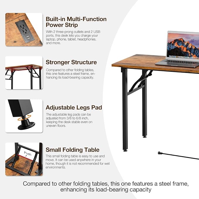 1TEMI Long Computer Desk Folding Table - No Assembly, Compact 55.1" Foldable Desk with Power Outlets & USB Charging Port, Portable Lagre Office Desk, Ideal Large Study Table for Narrow Spaces, Brown - Image 8