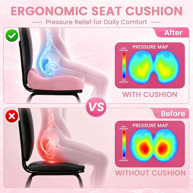 CJACSOC Seat Cushion, Extra Large Memory Foam Cushion for Office Chair Cushions, Ergonomic Cushions Pad Pillow for Pressure Relief Sciatica & Pain Relief for Long Sitting, Pink - Image 2