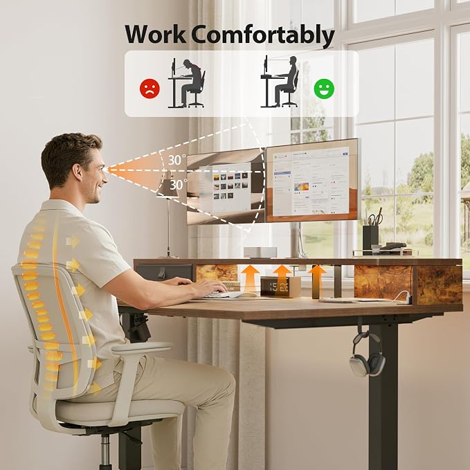 Agilestic 63*35 Inch L Shaped Standing Desk with Shelf & Led& Outlet, Brown | Outlets&Led, Monitor Shelf, L-shape Workspace, Sturdy Steel Frame, Memory Preset, Hooks, 154 lbs, Easy Assembly, Splice Board - Image 5