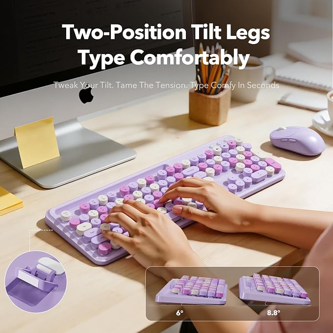 Wireless Keyboard and Mouse Combo, Purple, Round Keycaps, Tablet Holder | Full-size keyboard, typewriter-style design, 3-level DPI mouse, auto sleep, 2.4GHz for Mac Windows PC laptop, Trueque CK13 - Image 4